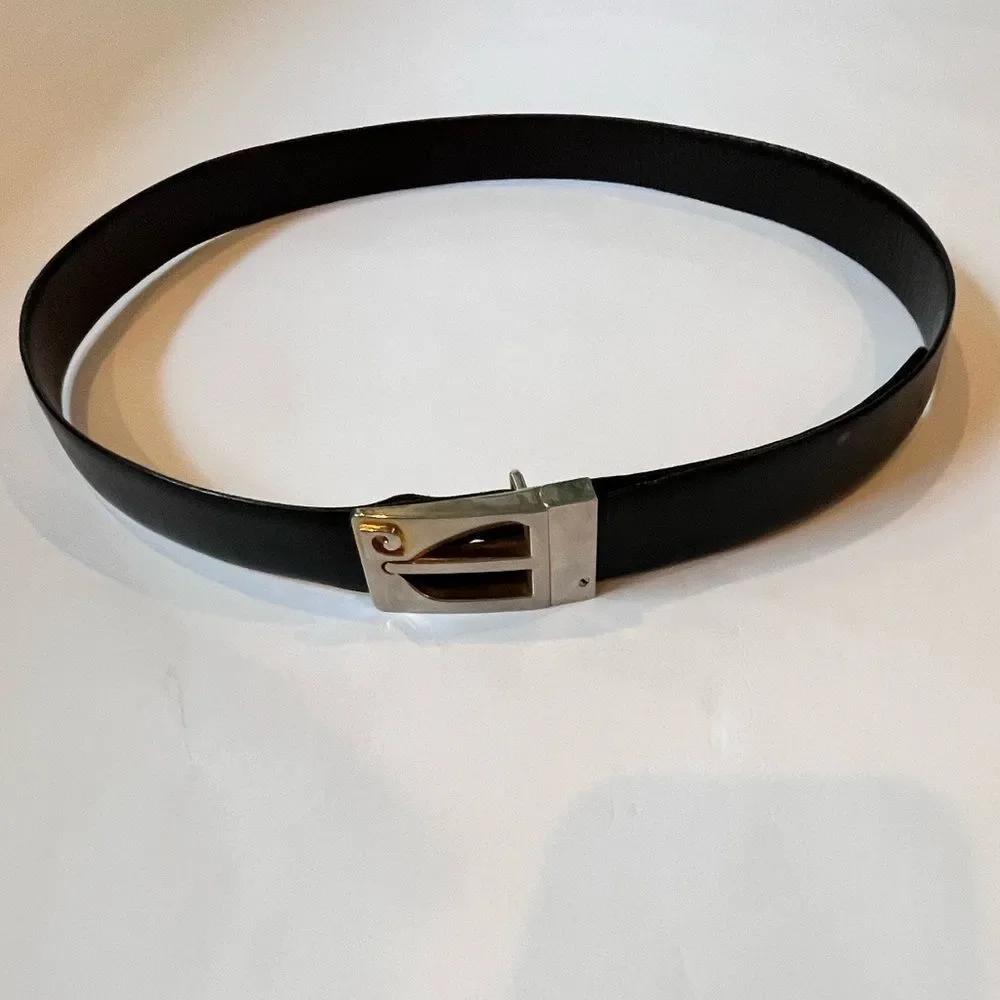 Vtg Pierre Cardin Reversible Black Brown Leather Belt with Monogram Buckle 34-38